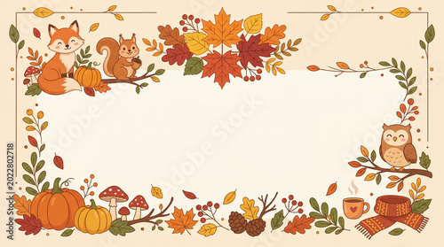 Fall Themed Illustration Featuring Animals, Plants and Autumn Elements in War...