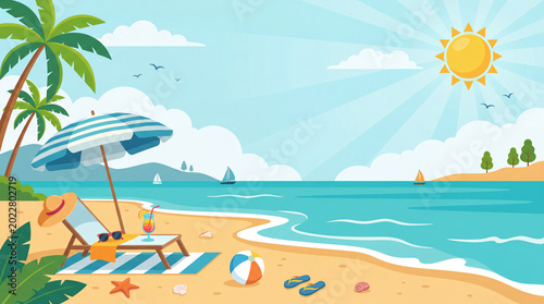 Enjoying a Sunny Day on the Beach With an Umbrella, Chair, and Refreshing Drink