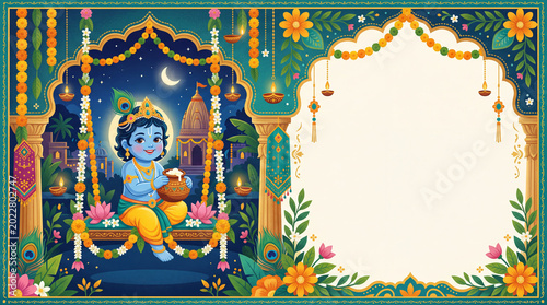 Krishna Sits on a Swing With a Pot in a Decorated Setting During Nighttime Ce...