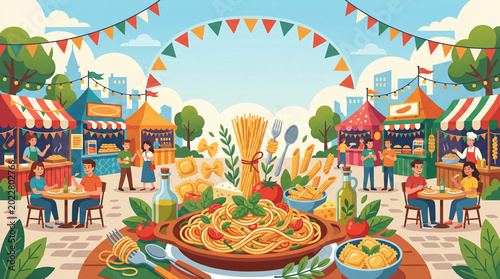 Pasta Festival in a Vibrant Outdoor Market With Food Stalls and Lively People...