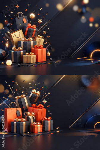 Festive Stacked Gifts With Bright Decorations on a Dark Background During a C...