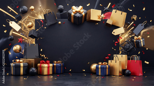 Festive Stacked Gifts With Bright Decorations on a Dark Background During a C...