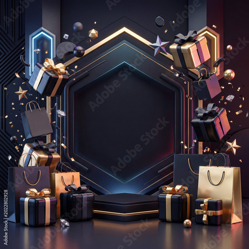 Shopping Event Background With Decorations and Promotional Offers in a Modern...