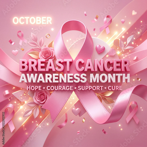 Breast Cancer Awareness Month Promotion for October With Pink Ribbons and Flo...