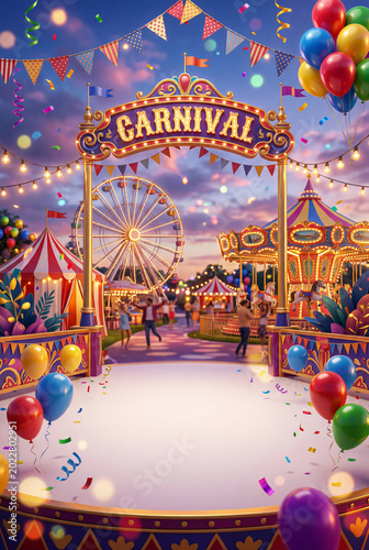 Colorful Carnival Scene With Rides, Balloons, and Festive Decorations at Dusk