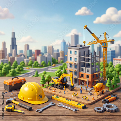 Construction Scene With Workers and Machinery in a City Setting During Daytime