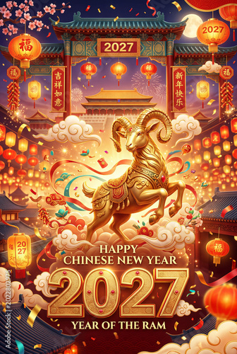 Celebration of Chinese New Year 2027 With Ram Symbol and Colorful Decorations...