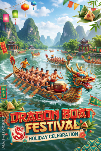 Dragon Boat Festival Celebration Takes Place in a River Surrounded by Mountai...
