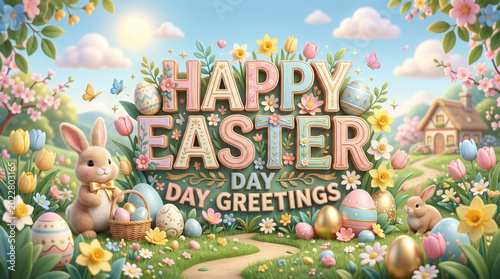 Easter Celebration With Colorful Decorations and Cheerful Characters in a Vib...