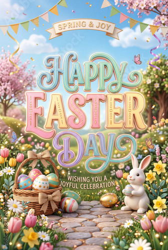 Colorful Easter Celebration With Eggs, Flowers, and a Bunny in a Spring Garden