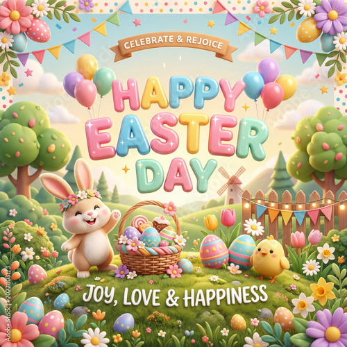 Easter Celebration With Colorful Decorations and Cheerful Characters in a Vib...