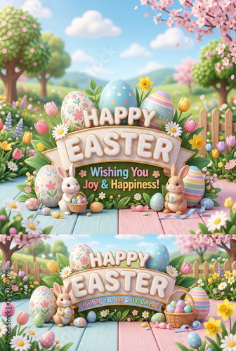Colorful Easter Celebration With Eggs, Flowers, and a Bunny in a Spring Garden