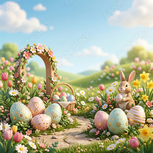 Spring Scene With a Rabbit and Decorated Eggs in a Flower Garden