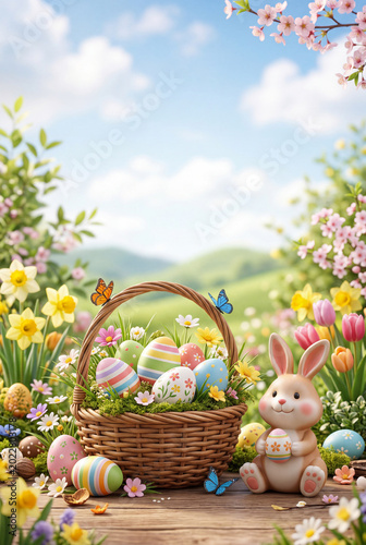 Spring Scene With a Rabbit and Decorated Eggs in a Flower Garden