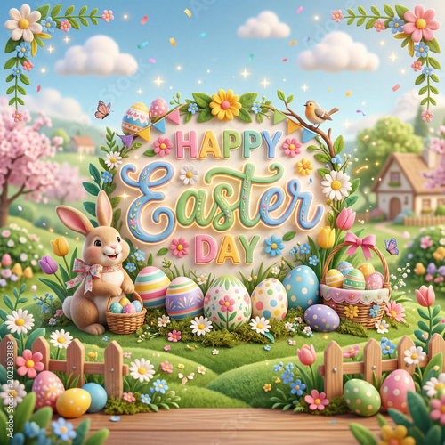 Happy Easter Celebration With Bunny, Eggs, and Flowers in a Sunny Garden Sett...