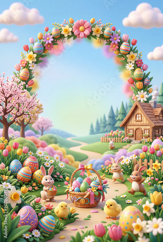 Colorful Spring Scene With Flowers, Eggs, Bunny, and a Cottage in the Background