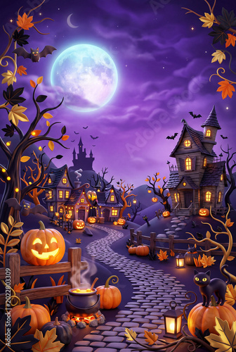 Spooky Halloween Scene With Pumpkins Bats and a Castle in the Moonlight