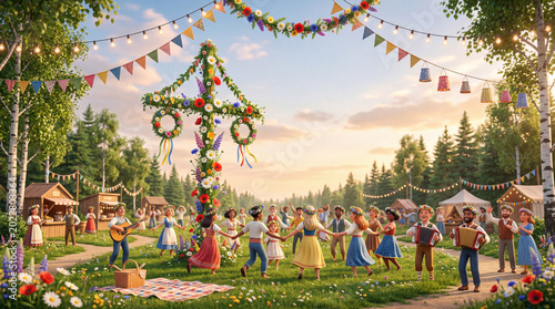 People Dance Around a Maypole During a Festival in a Forest With Decorations ...