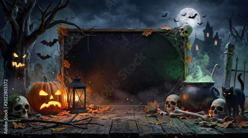 Skeleton Sits Among Pumpkins and Tombstones in Spooky Graveyard at Night