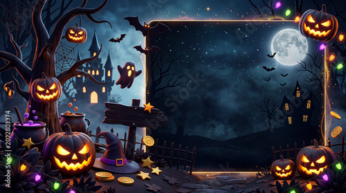 Halloween Scene With a Pumpkin, Skeletons, and a Ghost in a Dark Setting at N...
