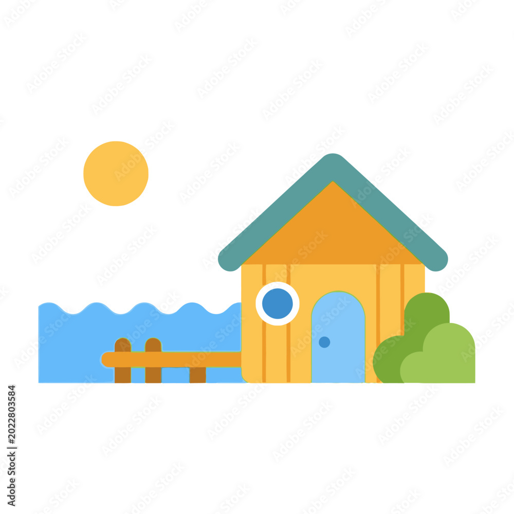 Fototapeta premium Cozy Beach Hut by the Ocean with Sunny Day and Green Bush