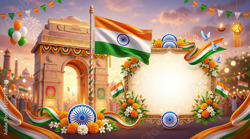 Celebration of Indian Culture With Flags, Flowers, and Monuments During a Fes...