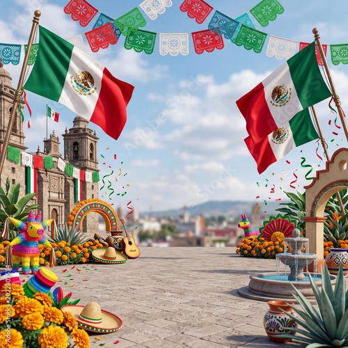 Festival Celebration With Mexican Flags in a Vibrant Plaza Under a Clear Sky