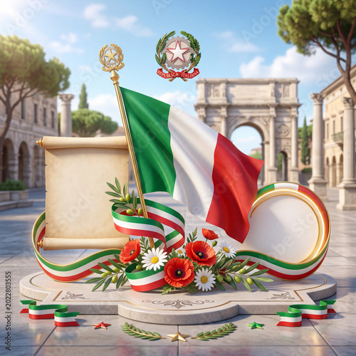 Italian Flag With Scroll and Flowers in an Outdoor City Square During Daytime