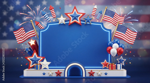 Decorative Setup for a Celebration With Red, White, and Blue Theme for a Part...