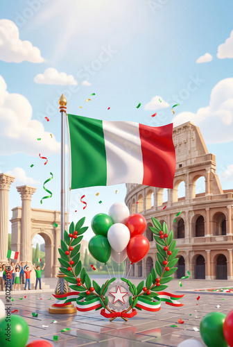 Celebration in Rome With Italian Flag, Balloons, and Decorations Near the Col...