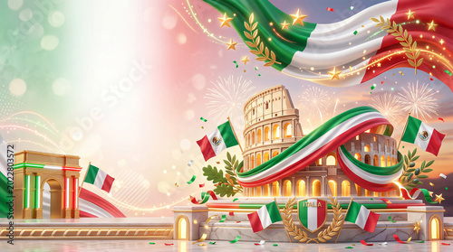 Celebration in Rome With Italian Flag, Balloons, and Decorations Near the Col...