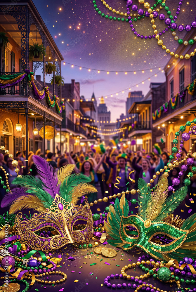 Obraz premium Festive Gathering in New Orleans With Masks and Celebration During a Vibrant Street Event