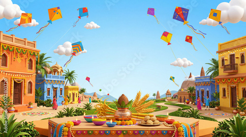 People Fly Kites While Celebrating a Festival in a Colorful Village on a Sunn...