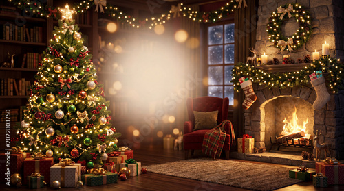 Christmas Tree Stands Beside Fireplace in Cozy Room With Gifts and Holiday De...