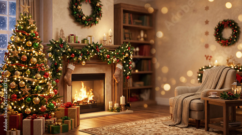 Cozy Scene With a Fireplace, Christmas Trees, and Gifts in a Living Room Duri...