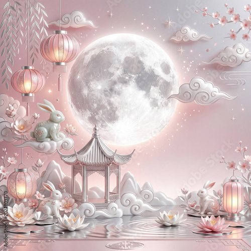 Decorative Scene With Rabbits, Lanterns, and Flowers During a Full Moon Celeb...