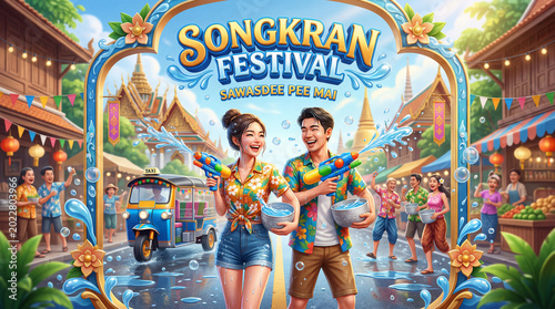 Celebration of Songkran Festival With People Having Fun in the Streets During...