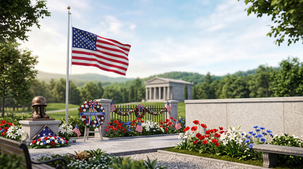Flags and Memorial Items Are on Display at a Cemetery for a Remembrance Event on Memorial Day