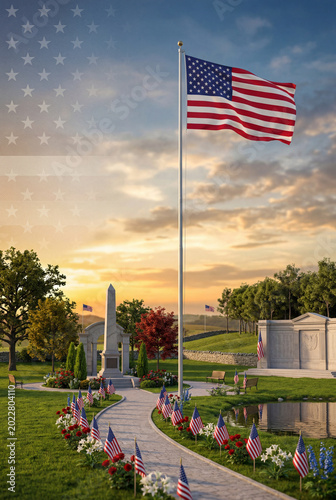Sunset View of a Memorial With a Flag and Flowers in a Park Setting