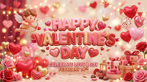 Happy Valentines Day Greeting Card Design With Floral Decorations and Festive...