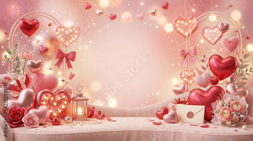 Romantic Decorations With Hearts and Flowers for Special Events in a Soft Pin...