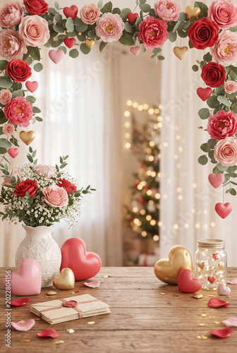 Hearts and Ribbons Decorate a Festive Space for a Celebration of Love and Fri...