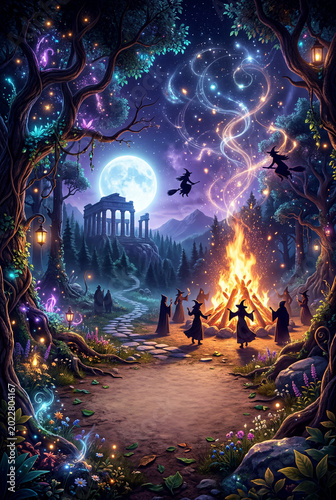 People Gathering Around a Large Bonfire in a Forest Under a Night Sky With Stars
