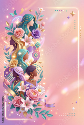 Colorful Design With Floral Elements and Silhouettes of Women on a Soft Backg...