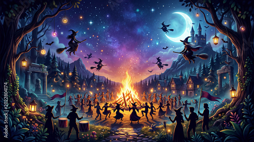 Witches Celebrate Around a Large Bonfire Under a Starry Sky With a Moon and a...