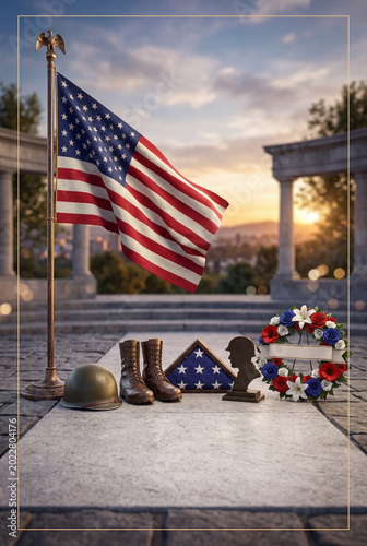 Memorial Scene With American Flag, Soldiers Boots, and Wreath at Sunset