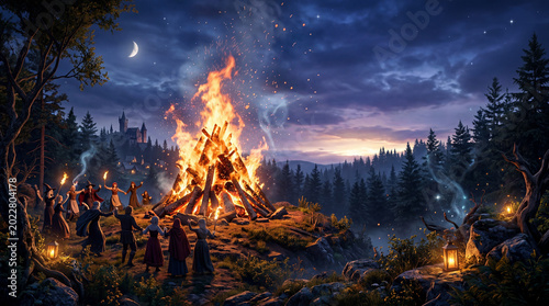 People Gathering Around a Large Bonfire in a Forest Under a Night Sky With Stars