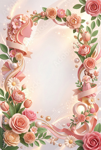 Floral Design With a Womans Silhouette and Ribbons on a Light Background