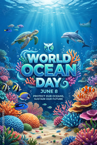 Celebrate World Ocean Day on June 8 With Marine Animals and Colorful Coral in...