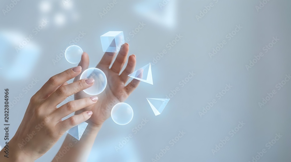 Obraz premium Hand touching holographic geometric shapes floating in air with glowing light effects on soft gray background for technology and innovation concepts.